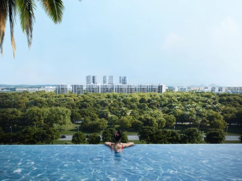 Daytime view from swimming pool with scenic surroundings